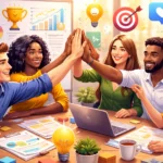 Celebración de equipo en oficina moderna