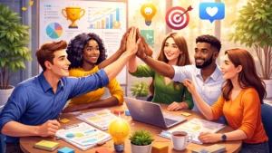 Celebración de equipo en oficina moderna
