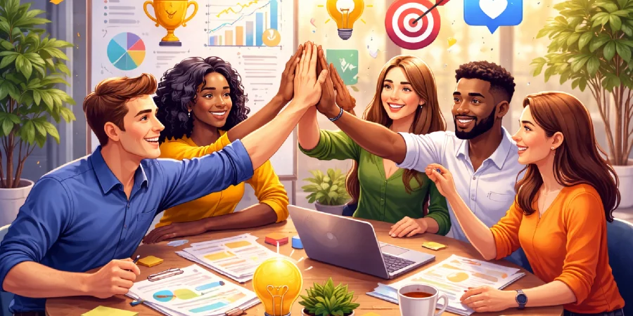 Celebración de equipo en oficina moderna